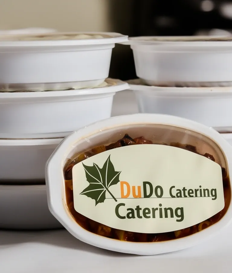 Dudo Catering logolu kapaklı tek porsiyonluk yemek kapları