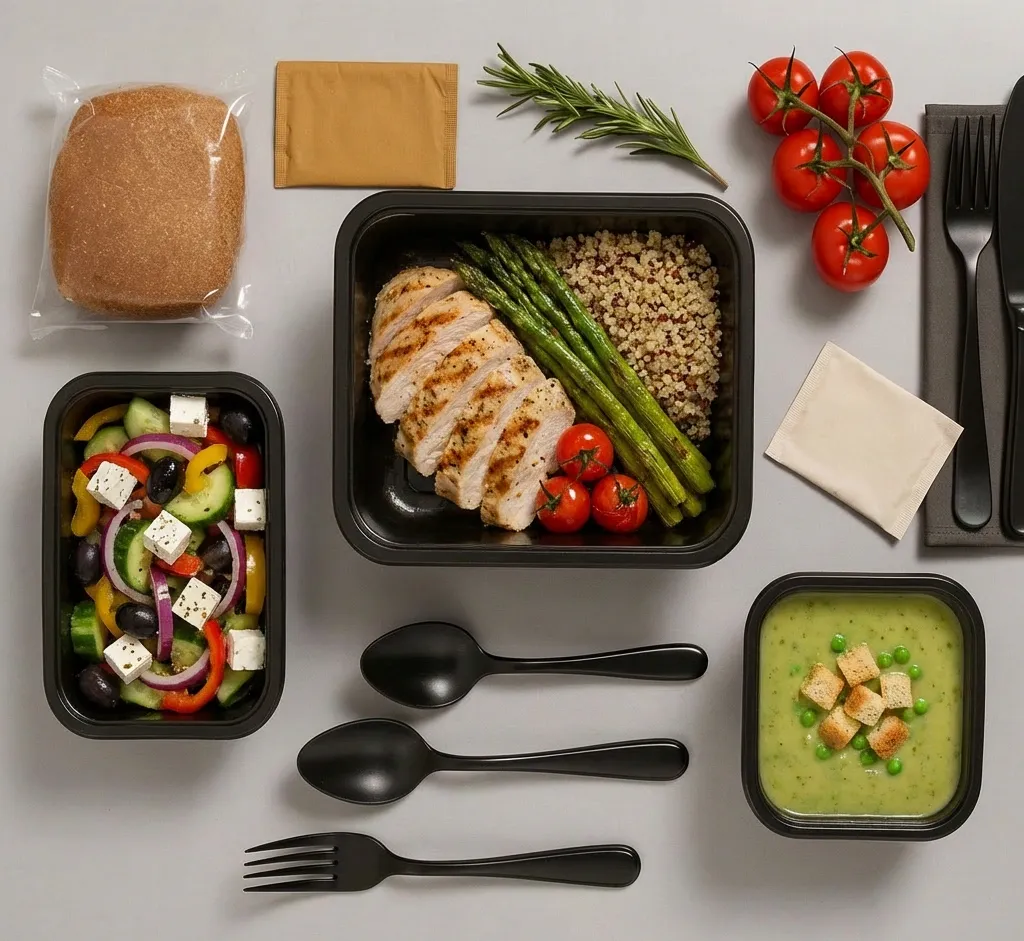 Paketli ofis yemeği menüsü: tavuk, kinoa, salata, çorba ve ekmek